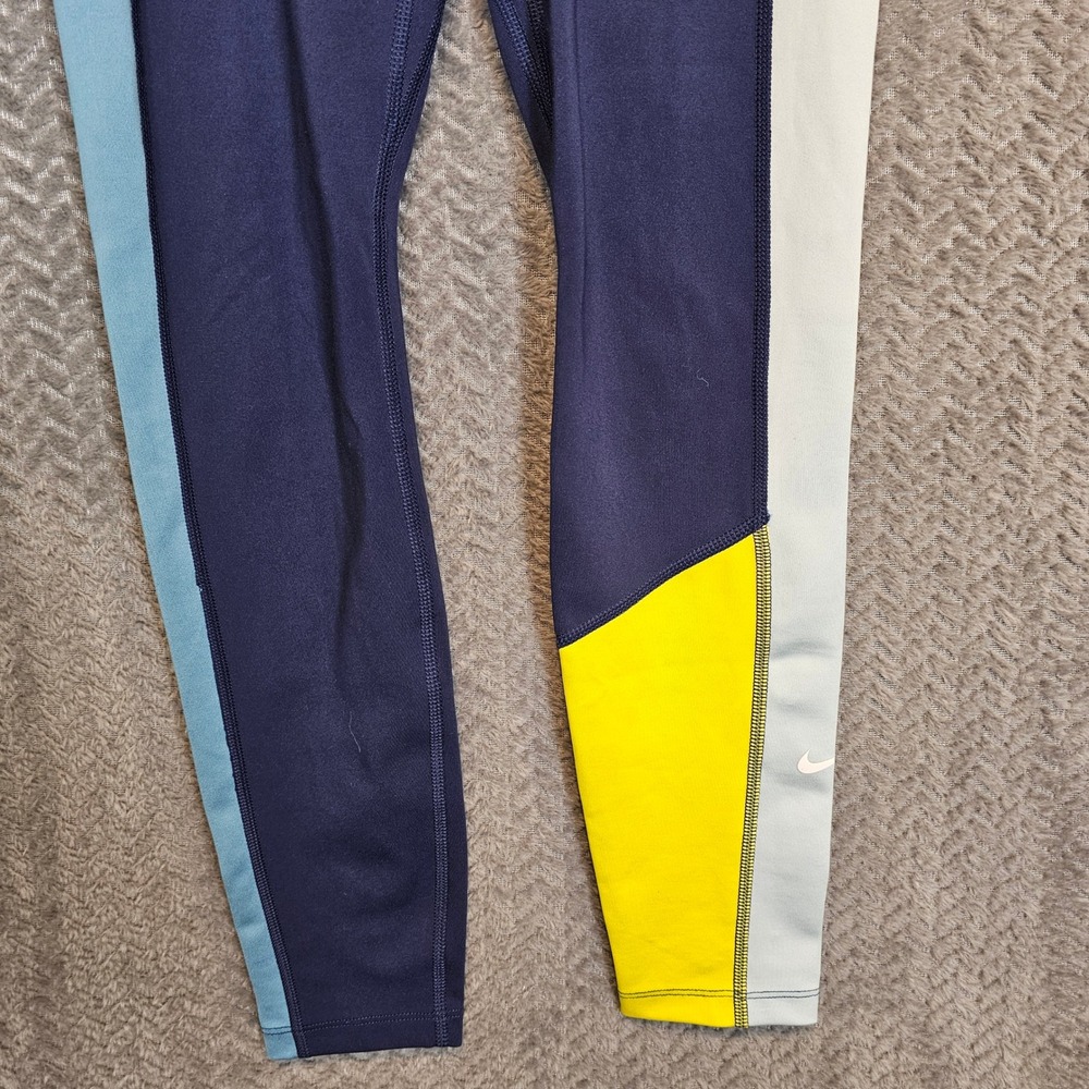 Nike Dri-FIT Womens Colorblock Leggings‎ Navy Blue Yellow Athletic Tights Small - Picture 6 of 11